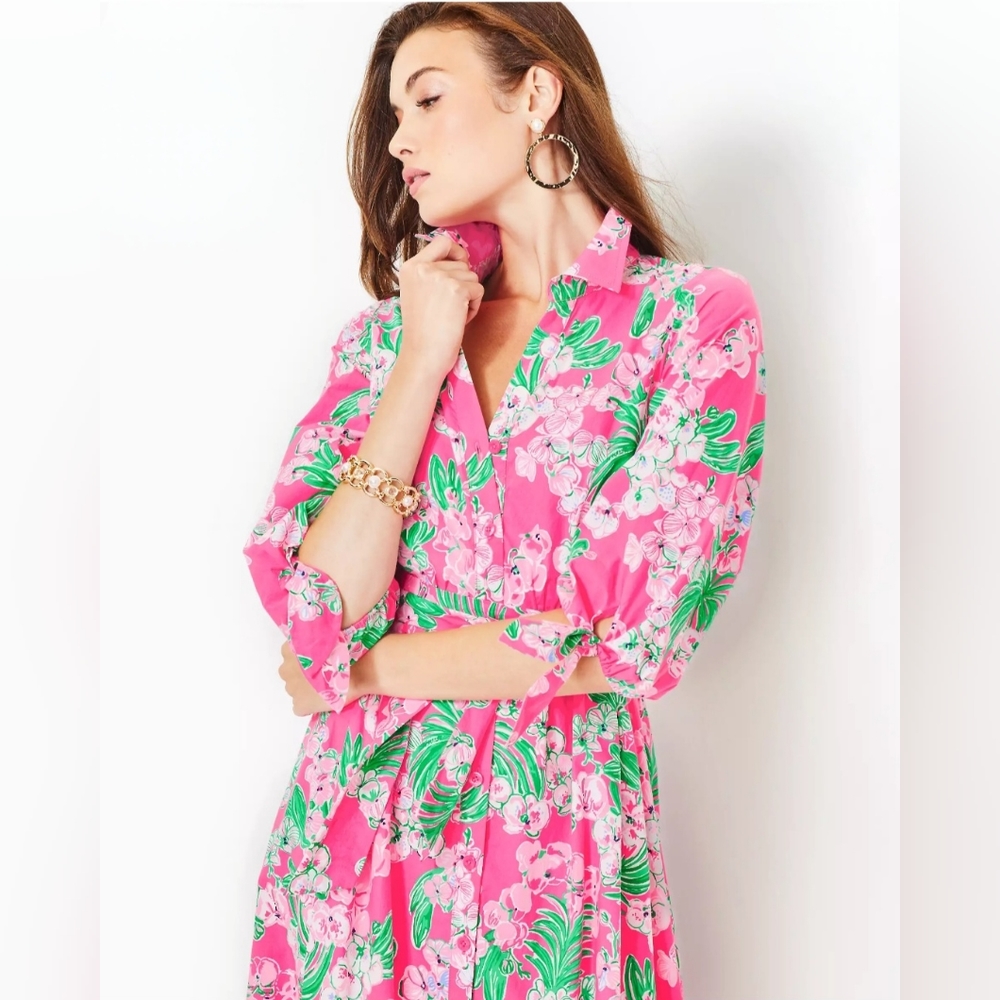 Lilly Pulitzer  Amrita Cotton Midi Shirtdress Roxie Pink Worth A Look - Picture 3 of 10